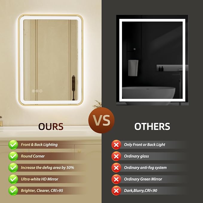 24x32 Inch Gold Framed LED Bathroom Mirror with Lights, Built-in Bluetooth Speaker, Dimmable Lighted Bathroom Vanity Mirror with 3 Colors, Backlit + Frontlit, Memory, Anti-Fog