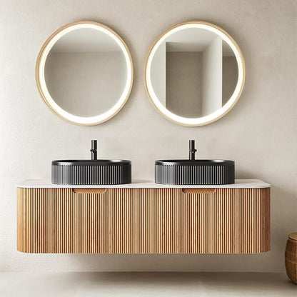 60" Floating Bathroom Vanity with Double Sink, Modern Wall-Mounted Bathroom Vanities with Marble Top and Oval Ceramic Sink, Soft-Close Design, Natural Solid Wood Cabinet, Pre-Assembled, Natural Wood