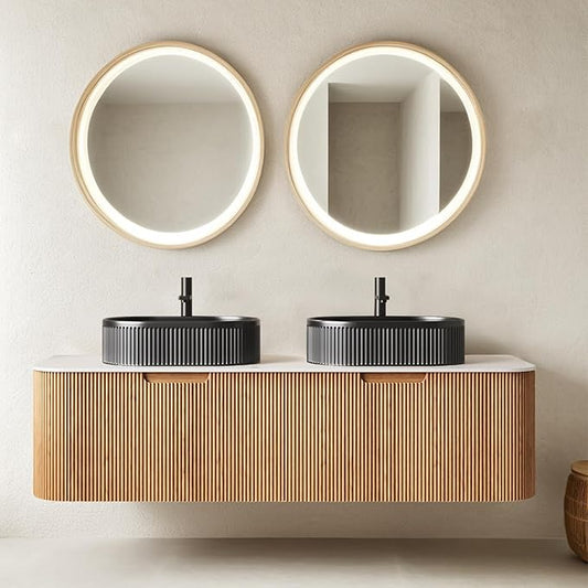 60" Floating Bathroom Vanity with Double Sink, Modern Wall-Mounted Bathroom Vanities with Marble Top and Oval Ceramic Sink, Soft-Close Design, Natural Solid Wood Cabinet, Pre-Assembled, Natural Wood