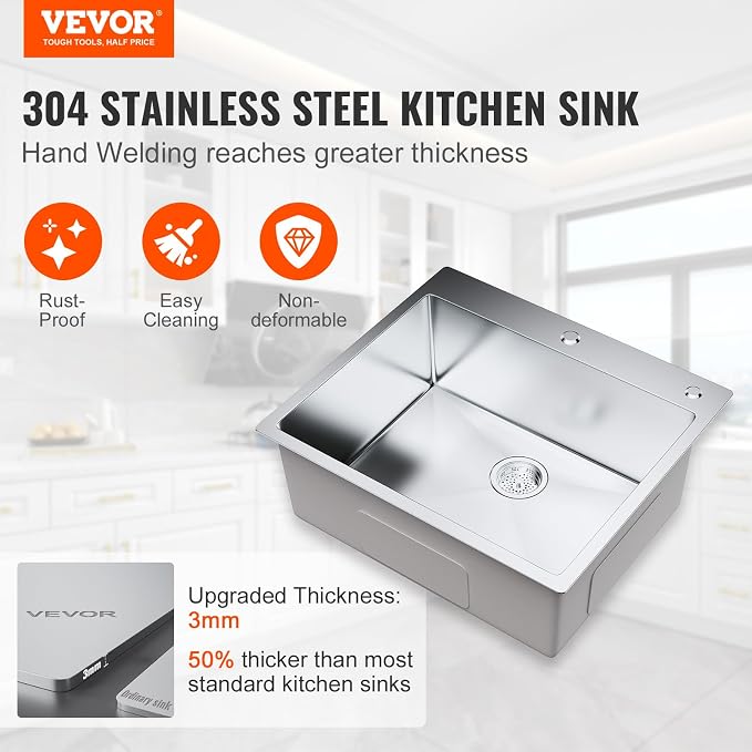 VEVOR Kitchen Sink, 304 Stainless Steel Recessed Sink, Top Mount Single Bowl with Accessories (2 Pack), Home Dishwasher Sink for Workstation, RV, Prep Kitchen and Bar Sink, 25"