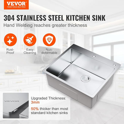 VEVOR Kitchen Sink, 304 Stainless Steel Recessed Sink, Top Mount Single Bowl with Accessories (2 Pack), Home Dishwasher Sink for Workstation, RV, Prep Kitchen and Bar Sink, 25"