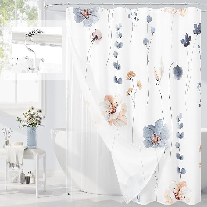 Long 3 in 1 Shower Curtain Set, 72x78 | Long 3 in 1 Shower Curtain Set, PEVA Liner Set & 12 Double Sided Steel Hooks, Waterproof Fabric Bathroom Curtain