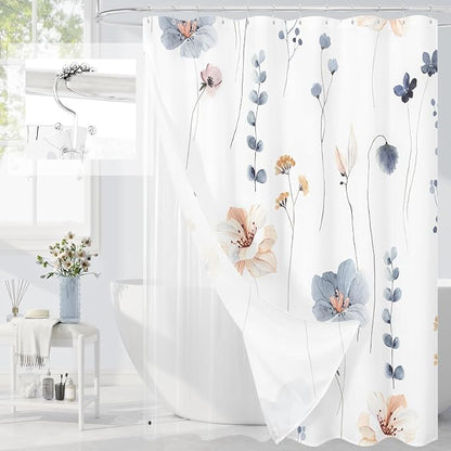 Long 3 in 1 Shower Curtain Set, 72x78 | Long 3 in 1 Shower Curtain Set, PEVA Liner Set & 12 Double Sided Steel Hooks, Waterproof Fabric Bathroom Curtain