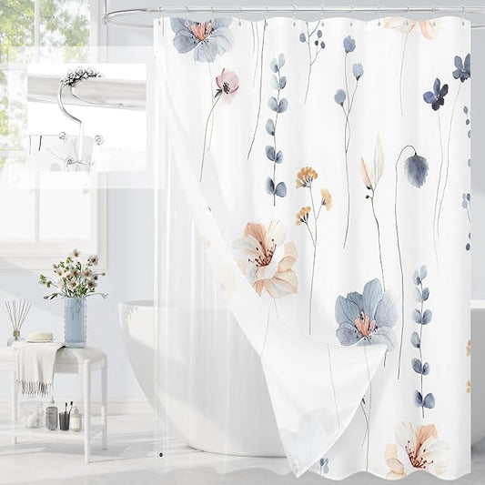 Extra Wide 3 in 1 Shower Curtain Set, 108x72 | Extra Wide 3 in 1 Shower Curtain Set, PEVA Liner Set & 12 Double Sided Steel Hooks, Waterproof Fabric Bathroom Curtain