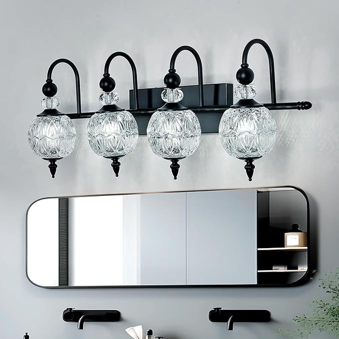Vintage Bathroom Light Fixtures Black Vanity Light with Glass Globe LampShade 4 Lights Mid Century G9 Bulb Wall Sconce Indoor Vanity Light Over Mirror for Kitchen Bedroom Farmhouse