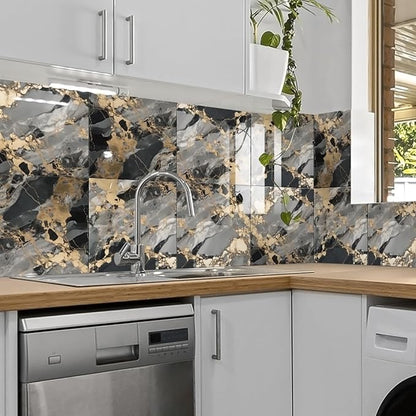 10 Sheets Marble Peel and Stick Backsplash Tile, 12"x12" Waterproof PVC Self Adhesive Tile Shower Wall Panels for Bathroom, Kitchen, Living Room (Metallic Black)