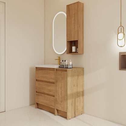 36" Bathroom Vanity Set, 36 Inch Modern Freestanding Vanity with 3 Drawers and Wall-Mounted Side Cabinet, Single Resin Sink Floor Stand Cabinet Set Imitative Oak