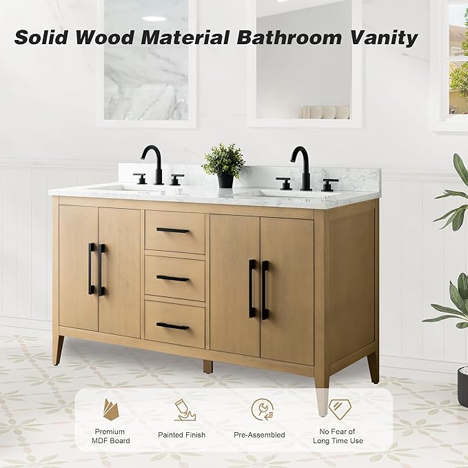 HomeBeyond 60 Inch Bathroom Vanity with Sink & Ceramic Top, Double Vanity Cabinet with Basin, Soft-Closing Doors & Matte Black Hardware, Natural Oak
