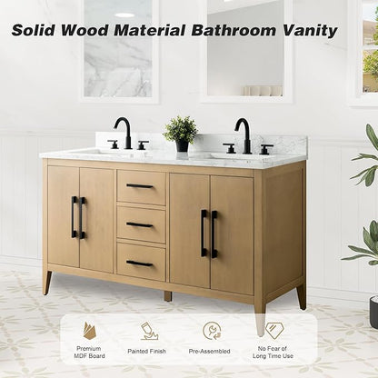 HomeBeyond 60 Inch Bathroom Vanity with Sink & Ceramic Top, Double Vanity Cabinet with Basin, Soft-Closing Doors & Matte Black Hardware, Natural Oak