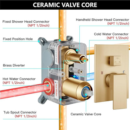 Midanya Rain Shower System with Tub Spout,Tub Shower Faucet Set with rainfall Shower Head and Handheld Spray,Wall Mount Tub Shower Combo Rough-in Valve Included,10 Inch Brushed Gold