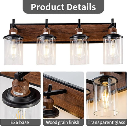 4-Light Farmhouse Bathroom Light Fixtures Vintage Bathroom Vanity Lights Over Mirror Black and Wood Painted Metal Vanity Light for Bathroom with Glass Shades E26 Socket