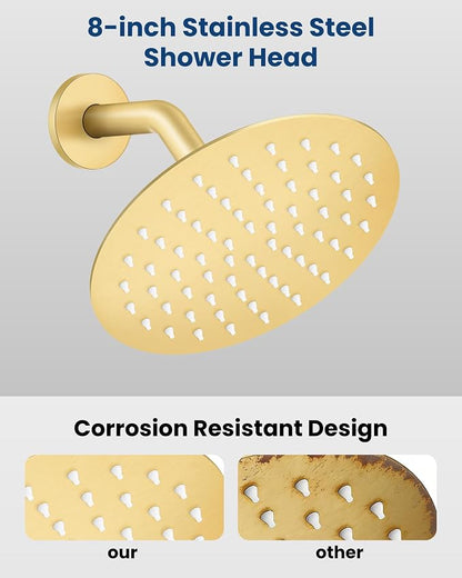Airuida Shower Faucet Set with Tub Spout,8" Bathtub Faucet-Brushed Gold | Male Threads Rough-In Valve,Round Head Shower System,Tub and Shower Kit Set