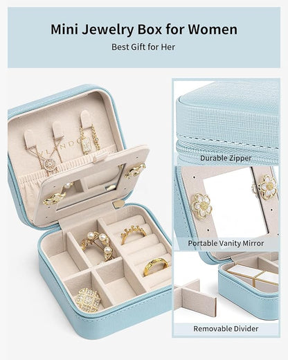 VLANDO Teacher Appreciation Graduation Gifts - Small Travel Jewelry Box Organizer - Display Case for Girls Women Gift Rings Earrings Necklaces Storage with Mirror Blue | Necklace Hook for Anti-tangle, Removable Dividers, Waterproof PU Leather,Portable ...