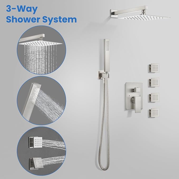 gotonovo Rainfall Shower System with Full Body Jets 4pcs Brushed Nickel | 12’’ Rainfall Shower Head with Handheld Spray Combo,Wall Mount,Rough-in Valve and Trim Kit,Brass Body Message Jets,All Metal
