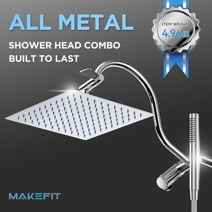 MakeFit All Metal Shower Head Combo with Handheld, 10" Square Rainfall Shower Head with Curved Extension Arm, Adjustable Dual Shower Heads with 71" Extra Long Hose, Chrome