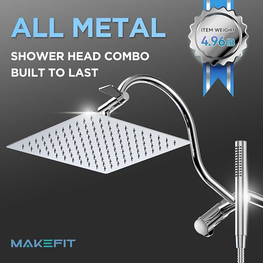 MakeFit All Metal Shower Head Combo with Handheld, 10" Square Rainfall Shower Head with Curved Extension Arm, Adjustable Dual Shower Heads with 71" Extra Long Hose, Chrome