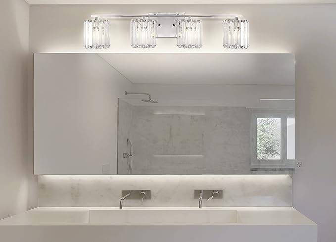 JONATHAN Y 4.75" Chrome 4-Light Vintage Glam LED Vanity Light Wall Sconce Fixture with Clear Crystal Prism Shade, Hardwired Wall Lamp for Bathroom Mirror Hallway, LED Bulb Included (JYL3555A)