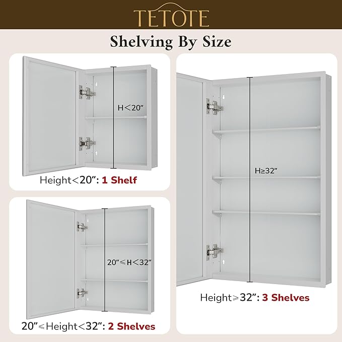 TETOTE 40 x 26 Medicine Cabinet with Mirror with Tempered Beveled MirrorWhiteMedicine Cabinet Aluminum Cabinet DTC Hinges, Stepless Adjustable Shelves, Recessed/Surface-Mounted