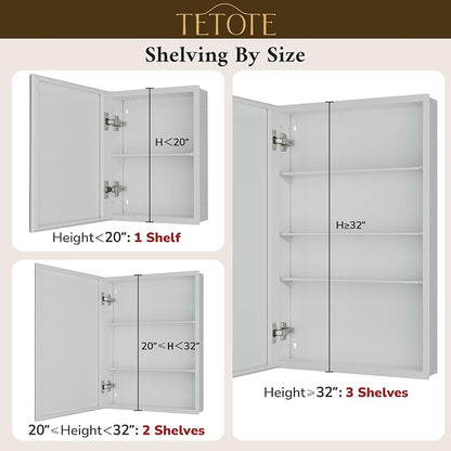TETOTE 60 x 32 Medicine Cabinet with Tempered Beveled Mirror White Aluminum Cabinet DTC Hinges, Stepless Adjustable Shelves, Recessed/Surface-Mounted