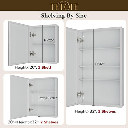 TETOTE 30 x 26 Medicine Cabinet with Tempered Beveled Mirror White Vanity Mirror with Storage Aluminum Cabinet DTC Hinges, Stepless Adjustable Shelves, Recessed/Surface-Mounted