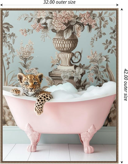 Amanti Art Framed Canvas Wall Art 42x32 Leopard Pink Bubble Bath by Niky Rahner, Framed Wall Art Canvas, Animals Artwork, Traditional Decor, Oversize Poster Painting for Living Room, Bedroom, Bathroom