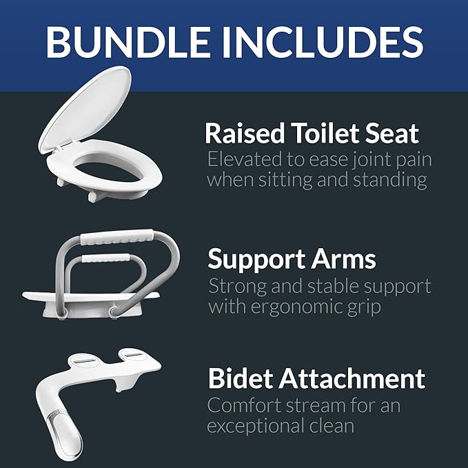 Bemis Assurance 3" Raised Toilet Seat with Handles and Bidet Attachment, Secure Hinges, Clean Shield Guard, Elongated, White