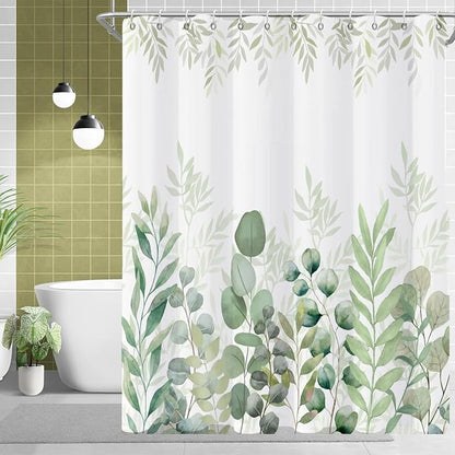 Green Eucalyptus Shower Curtain, Leaf Plant Herbs Spring Nature Waterproof Fabric Machine Washable with Hooks for Bathroom Bathtub 60Wx72H