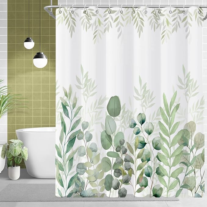 Green Eucalyptus Extra Long Shower Curtain, Leaf Plant Herbs Spring Nature Waterproof Fabric Machine Washable with Hooks for Bathroom Bathtub 72Wx84H