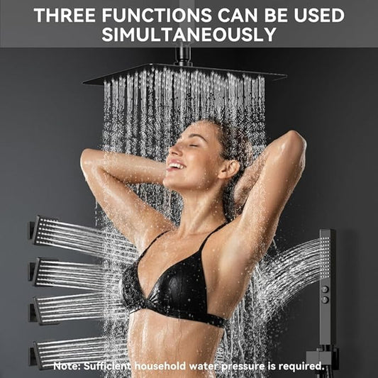 Thermostatic Shower System with Body Jets, STARBATH 12" Rain Shower with 2 in 1 Handheld, Can Use All at Once, Ceiling Mount Complete Shower Faucet Set with Thermostatic Valve Trim Kit, Matte Black