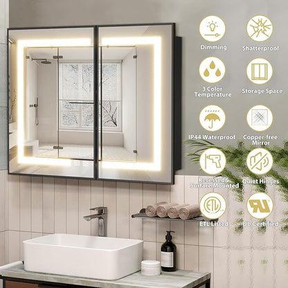 ROOMTEC 36 x 30 Inch Medicine Cabinet Mirror with LED Lights, Black Bathroom Medicine Cabinet with Mirror and Storage, Recessed or Wall Mount, 3 Color Temperature, Dimmable Light