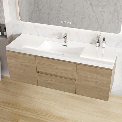 60 Inch Floating Bathroom Vanity with Sink, Large Storage Wall Mounted Floating Vanity with Soft Close Drawers, One-Piece Basin Bathroom Sink Cabinet (Natural Oak, 60")