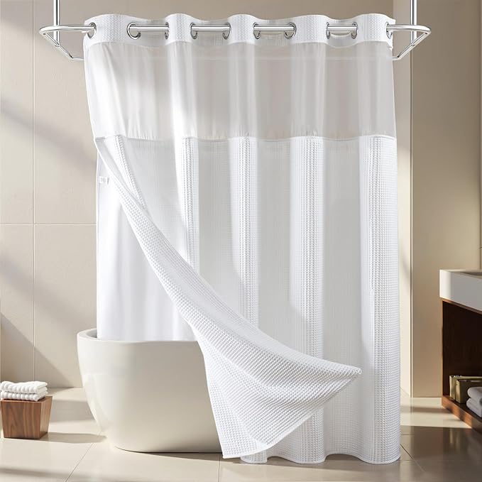 River Dream Cotton Blend Fabric Shower Curtain Set with Liner, White, 71x86 | Waffle Weave, No Hook Needed, with Snap in Replacement Liner, Top Sheer Window, Hotel Quality for Bathroom, Extra Long