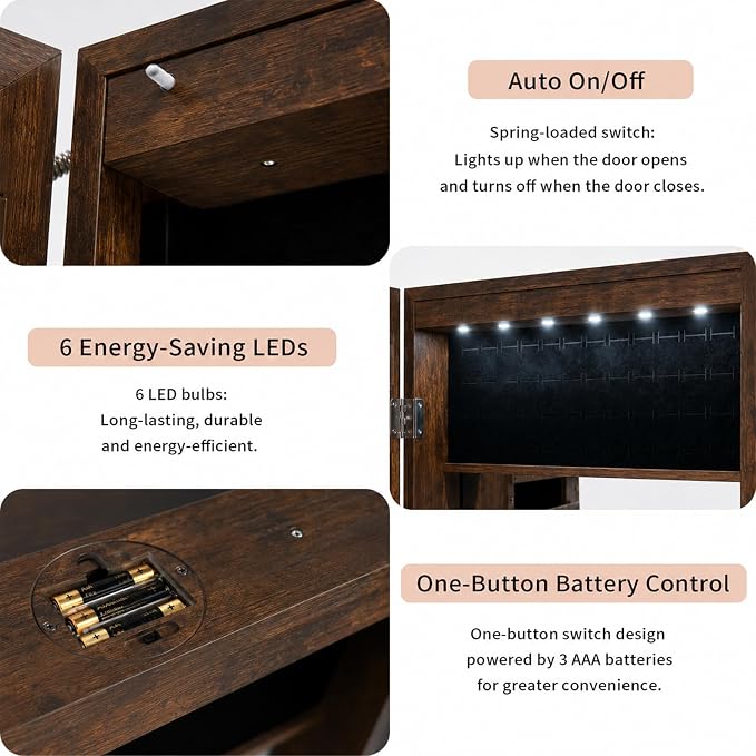 Lockable Jewelry Cabinet Organizer with Full Length Mirror, 6 Auto LED Lights, Wall & Over Door Mount Jewelry Armoire with Earring Slots, Necklace Hooks, Foldable Makeup Shelf