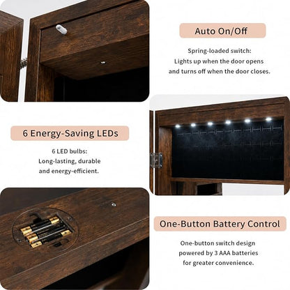 Lockable Jewelry Cabinet Organizer with Full Length Mirror, 6 Auto LED Lights, Wall & Over Door Mount Jewelry Armoire with Earring Slots, Necklace Hooks, Foldable Makeup Shelf