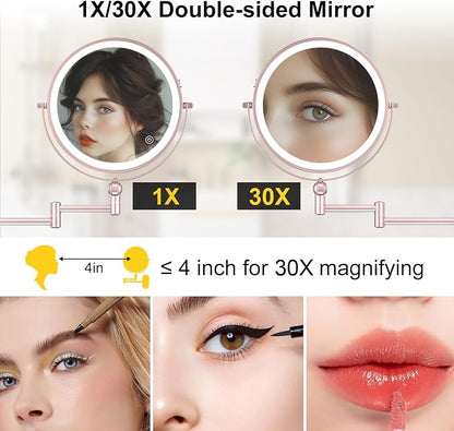 9" Wall Mounted Lighted Makeup Mirror,4000mAh Rechargeable Double Sided 1X/30X Magnifying Mirror with Light,Touch Dimmable,Extended Arm 360 Rotation Wall Mounted Makeup Mirror 3 Color Lights-gold