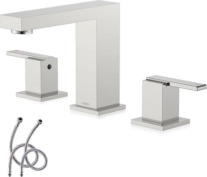 KENES 2 Handle Widespread Bathroom Faucets Brushed Nickel, Bathroom Sink Faucet 3 Hole Vanity Faucet with Lead-Free Supply Hose, KE-9050