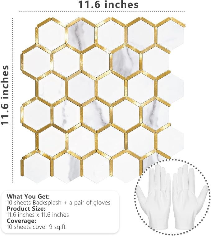 STICKGOO Hexagon Peel and Stick on Backsplash for Kitchen and Bathroom, White Marble Look PVC Mixed Metal Gold Self Adhesive Metal Mosaic Tiles(10 Sheets, Seamless)