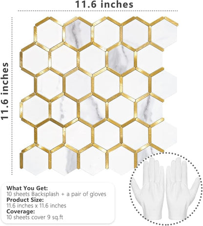 STICKGOO Hexagon Peel and Stick on Backsplash for Kitchen and Bathroom, White Marble Look PVC Mixed Metal Gold Self Adhesive Metal Mosaic Tiles(10 Sheets, Seamless)