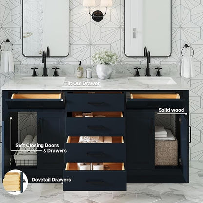 ARIEL Hepburn 66-inch Bathroom Vanity with Sink,Solid Wood, 0.75-inch Italian Carrara Marble Countertop, Double Rectangular Porcelain Sink, 4 Soft Closing Doors, 6 Dovetail Drawers, Midnight Blue