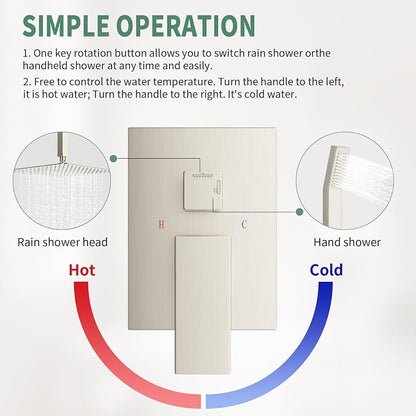 SunCleanse Rainfall Shower Faucet Set with High Pressure in Brushed Nickel | Ceiling mounted shower combo set featuring a 10" rainfall shower head, handheld spray, and rough-in shower valve.
