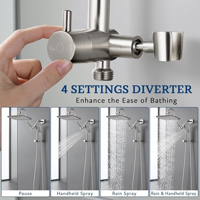 G-Promise All Metal Shower Diverter with Low Handheld Holder (Matte Black) | 10 Inch Downward-Extend Bracket for All Heights, 4 Spray Modes with Pause, Anti-Leak, Easy Install, Universal Replacement