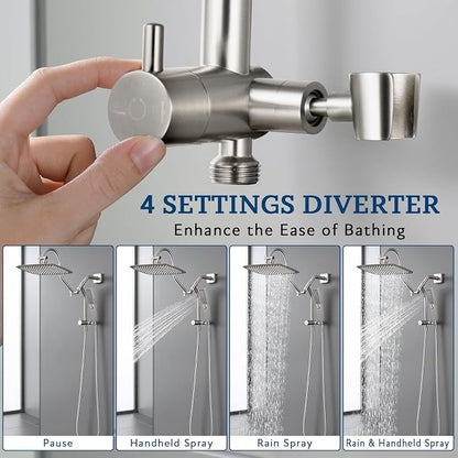 G-Promise All Metal Shower Diverter with Low Handheld Holder (Matte Black) | 10 Inch Downward-Extend Bracket for All Heights, 4 Spray Modes with Pause, Anti-Leak, Easy Install, Universal Replacement