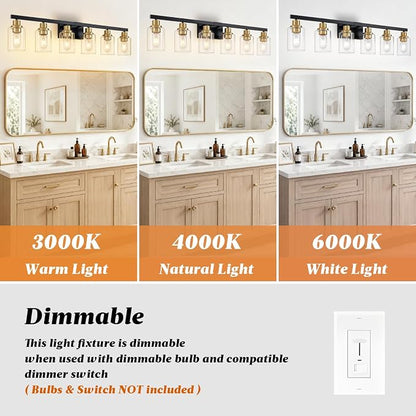6-Light Vanity Lights Bathroom Light Fixtures,Black and Gold,37" | Modern Bathroom Vanity Light over Mirror with Clear Glass Shade,Farmhous Wall Mounted for Bathroom,E26 Base