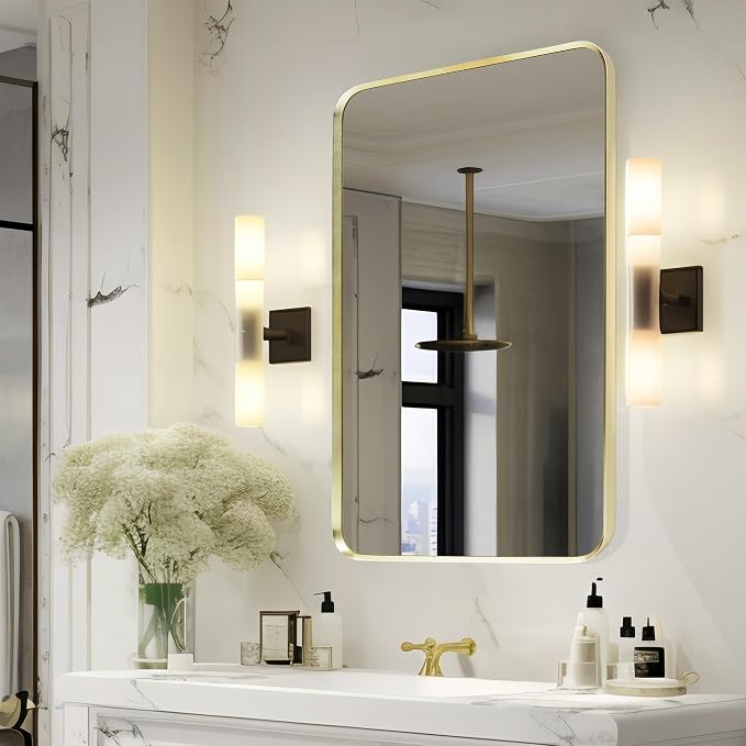 Gold Bathroom Mirror 16x20in, Metal Framed Rounded Rectangle Wall | Tempered Glass, Anti-Rust Frame, Hangs Horizontal or Vertical, HD Reflection Clarity