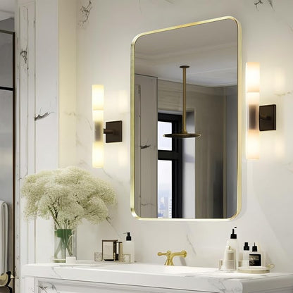 Gold Bathroom Mirror 16x20in, Metal Framed Rounded Rectangle Wall | Tempered Glass, Anti-Rust Frame, Hangs Horizontal or Vertical, HD Reflection Clarity