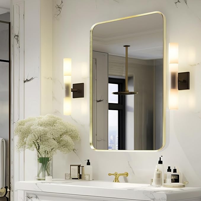 Wall Mount Mirror for Bathroom, Brushed Gold Metal Framed Rounded Corner Rectangular Vanity Mirror (20" x 30", Gold)