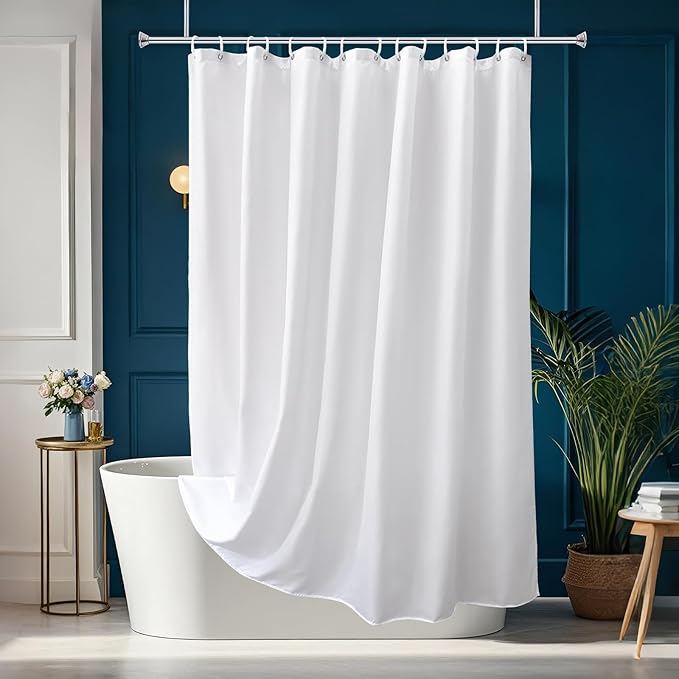 AooHome Extra Long Shower Curtain Liner, Fabric Shower Curtain with Hooks for Hotel, Waterproof, 72 Width x 84 Height Inch, White