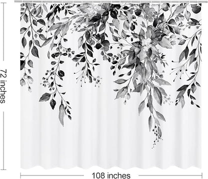 Black Eucalyptus Shower Curtain, Watercolor Floral Print, 108x72 | Watercolor Plant Leaves Floral Print, Extra Wide Waterproof Fabric Bathroom Decor, Machine Washable, Rustproof Grommets