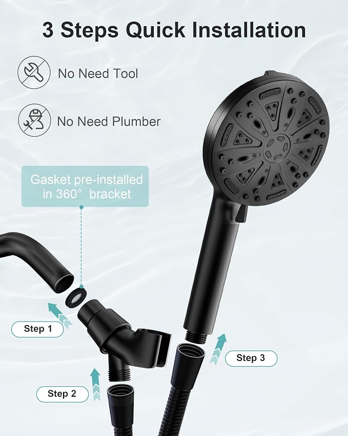 Filtered Handheld Shower Head, 9 Spray Modes High Pressure, 3 Replacement Filters Included, Hard Water Softener 20-Stage Filtration, Remove Chlorine, Relieve Dry Itchy Skin, 3 Filters-Black