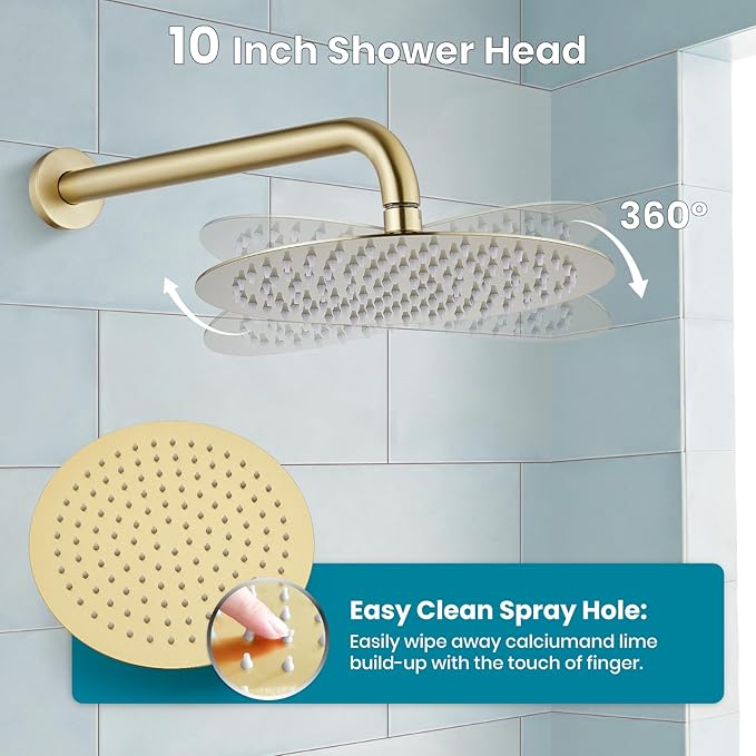 gotonovo Shower System 10 Inch Round Rainfall Showerhead Wall Mounted High Pressure Shower Faucet Set Fixture Combo with Rough in Valve and Cylindrical Handheld Spray, Brushed Gold